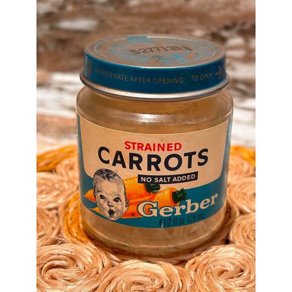Vintage 60s 4.5 oz Gerber Baby Carrots Glass Food Jar Prop Collectible - Picture 1 of 4